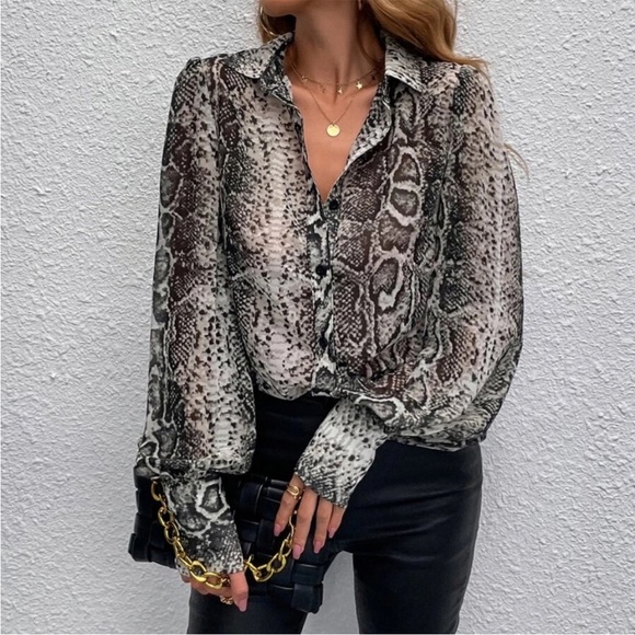 Tops - Snakeskin Print Button Down Black and White Semi Sheer Boutique Top!